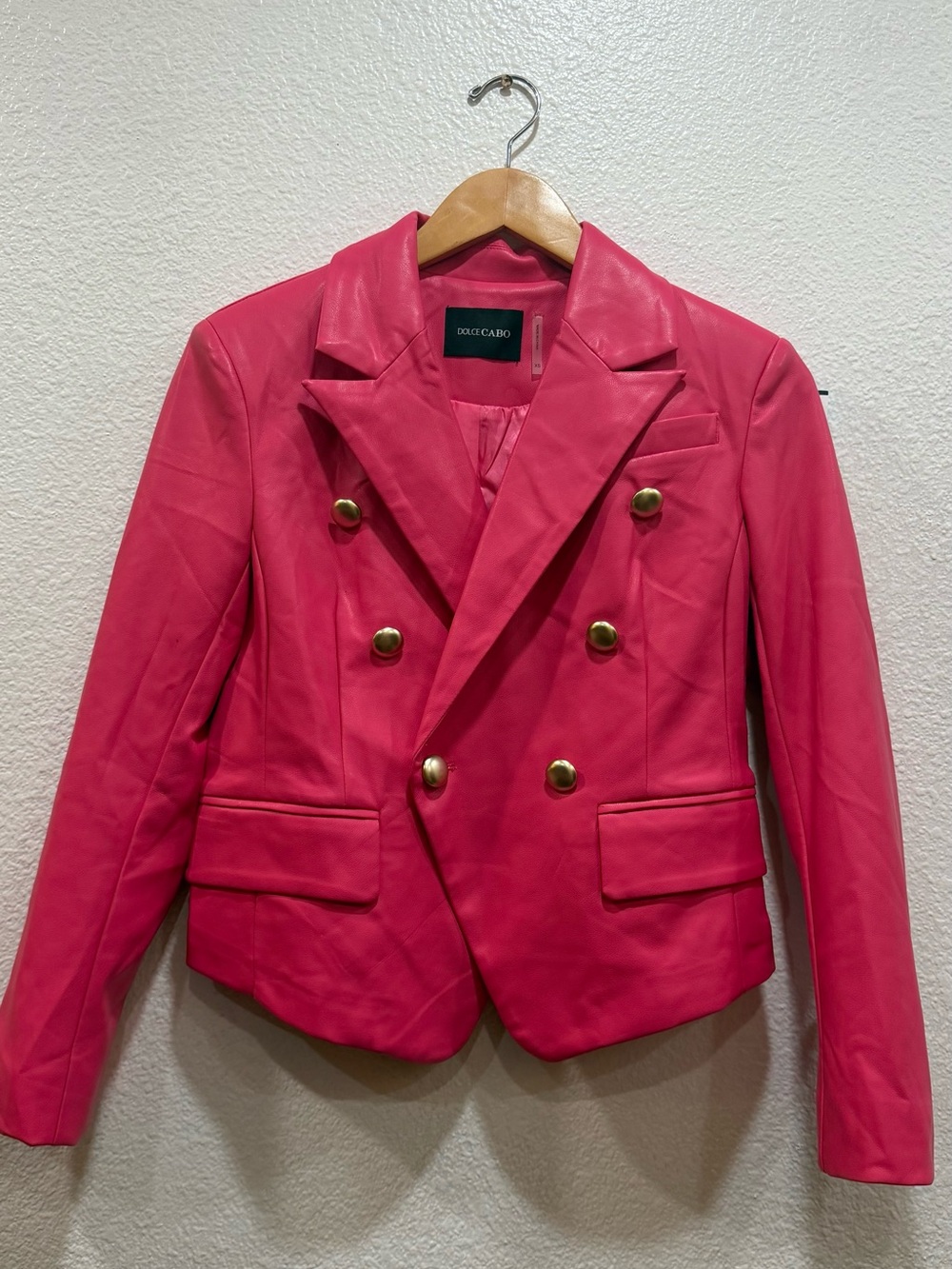 Dolce Cabo Hot Pink Double-Breasted Leather Blazer with Gold Buttons